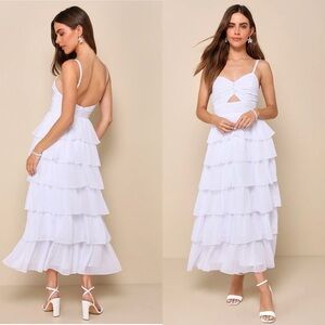 NWOT Lulu’s Poised Impression White Tiered Ruffled Cutout Midi Dress Large Party